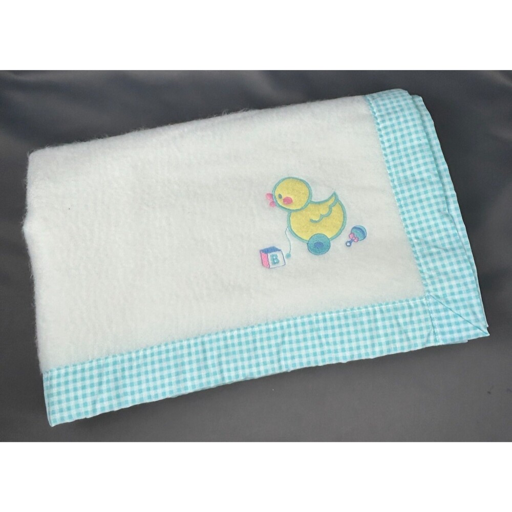 Vintage Baby Blanket Cuddle Time Yellow Duck Applique White Blue USA 36" X 44"